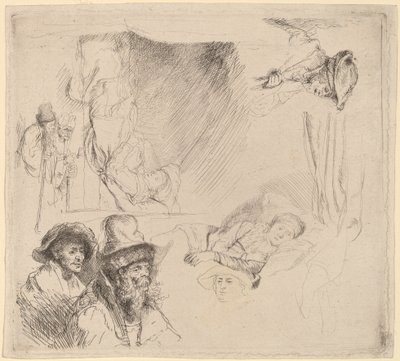 Studieark inklusive en kvinna som ligger sjuk i sängen av Rembrandt van Rijn
