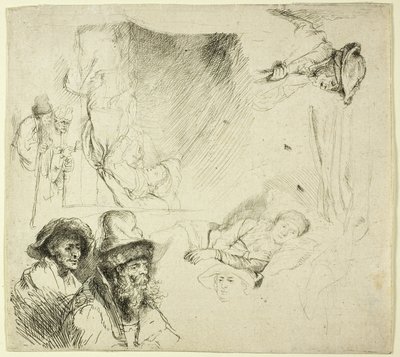 Studieark, med en kvinna som ligger sjuk i sängen av Rembrandt van Rijn