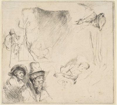 Studieark med en kvinna som ligger sjuk i sängen, etc., ca. 164142. av Rembrandt van Rijn