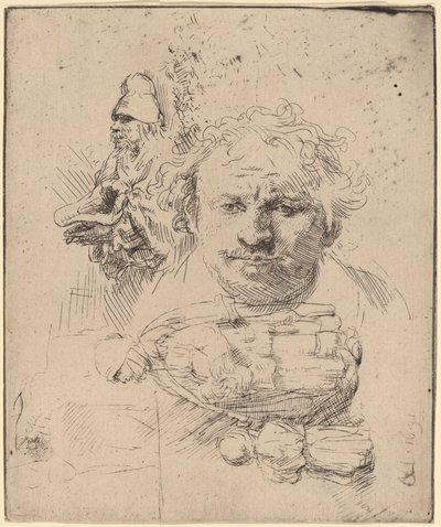 Studieark med chefen för konstnären, en tiggarman och kvinna och barn av Rembrandt van Rijn