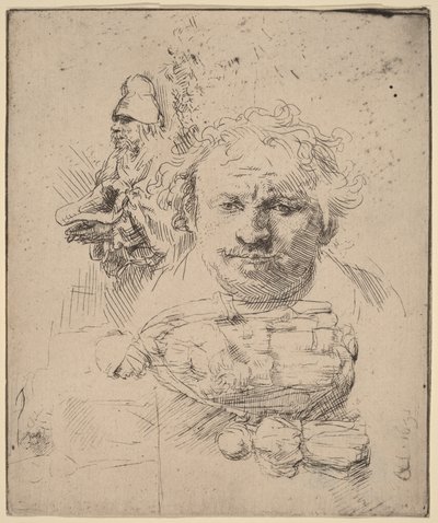 Teckningsark med konstnärens huvud, en tiggare samt en kvinna och ett barn av Rembrandt van Rijn