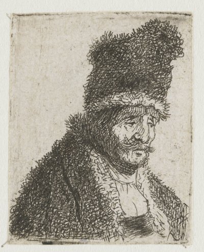 Samling av studier av mäns huvuden: en äldre man i pälsrock och hög mössa av Rembrandt van Rijn