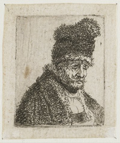 Samling av studier av mäns huvuden: en äldre man i pälsrock och hög mössa av Rembrandt van Rijn
