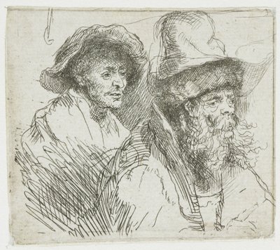 En serie studier, där en kvinna ligger sjuk i sängen: byster av två manliga figurer av Rembrandt van Rijn