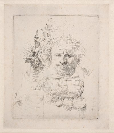 Teckningsark med Rembrandts huvud, en tiggare, en kvinna och ett barn av Rembrandt van Rijn