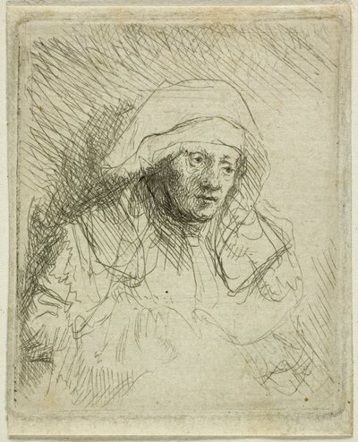 Sjuk kvinna med en stor vit huvudbonad (Saskia) av Rembrandt van Rijn