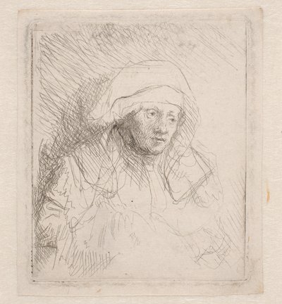 Sjuk kvinna med en stor vit huvudbonad (Saskia) av Rembrandt van Rijn