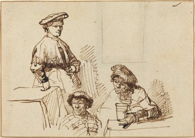 Skisser från en krog: kvinna stående och två män sittande av Rembrandt van Rijn