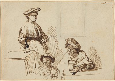 Skisser från en krog: En stående kvinna och två sittande män av Rembrandt van Rijn