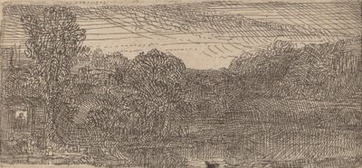 Litet grått landskap: ett hus och träd bredvid en pool, ca. 1640. av Rembrandt van Rijn