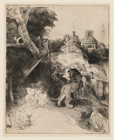 St. Jerome läser i ett italienskt landskap av Rembrandt van Rijn