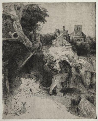 St. Jerome läser i ett italienskt landskap av Rembrandt van Rijn