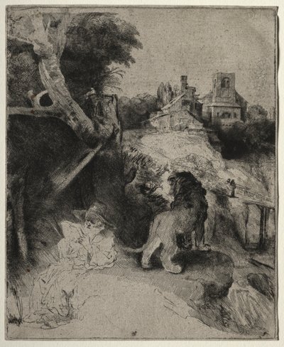 St. Jerome läser i ett italienskt landskap, ca. 1653. av Rembrandt van Rijn