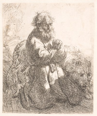 St. Hieronymus knäböjer i bön och tittar ner av Rembrandt van Rijn