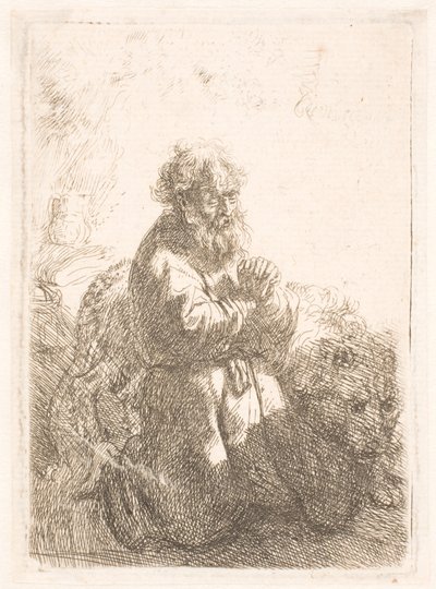 St. Hieronymus knäböjer i bön och tittar ner av Rembrandt van Rijn