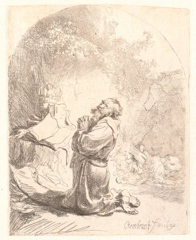 St. Hieronymus ber: välvt tryck av Rembrandt van Rijn