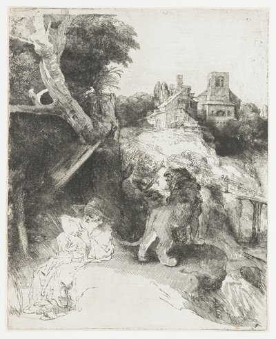 Den helige Hieronymus läser i ett italienskt landskap av Rembrandt van Rijn