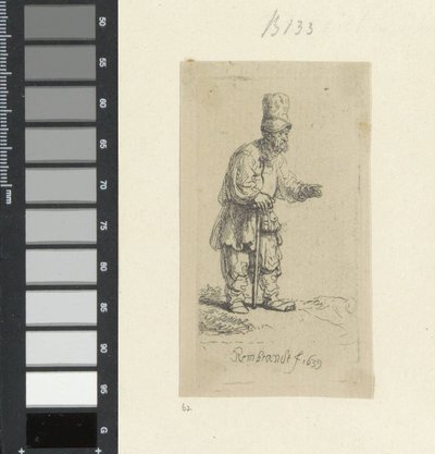 Stående bonde med hög huvudbonad, lutad på en pinne Recueil de quatre-vingt-cinq estampes originales (serietitel) av Rembrandt van Rijn
