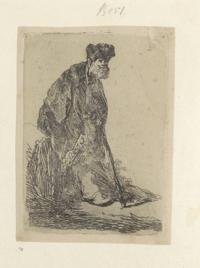 Staande man sätter een lange mantel i bontmuts Samling av åttiofem originaltryck (serietitel) av Rembrandt van Rijn