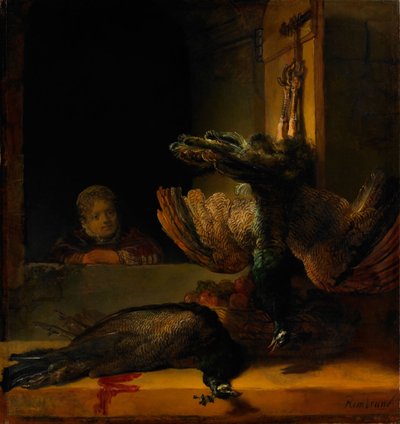 Stilleben med två påfåglar och en flicka, ca 1639 av Rembrandt van Rijn
