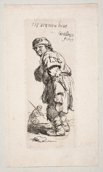 En stående bybo som vänder sig åt vänster och en figur med en käpp i bakgrunden – ”Tis vinnich Kout” av Rembrandt van Rijn
