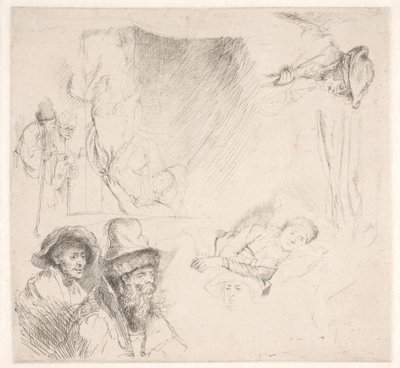 Studieblad, inklusive en sängliggande kvinna av Rembrandt van Rijn