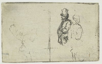 Studieblad med två skisser, varav en föreställer två bönder av Rembrandt van Rijn