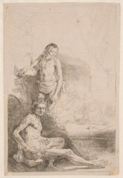 Nakenstudier: en sittande man och en stående man; med en kvinna och ett spädbarn svagt skissade i bakgrunden av Rembrandt van Rijn