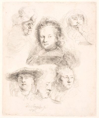 Studier av chef för Saskia m.fl av Rembrandt van Rijn