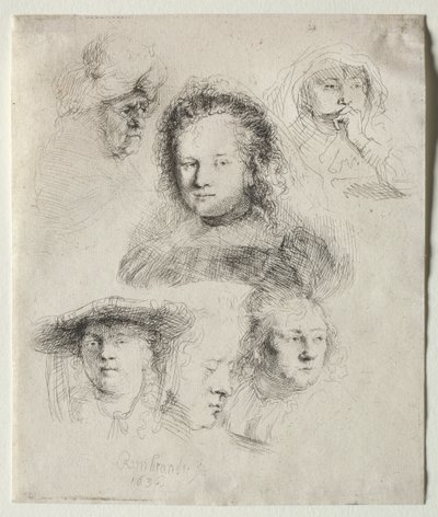 Studier av chefen för Saskia och andra, 1636. av Rembrandt van Rijn