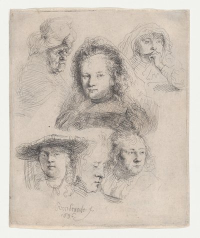 Studier av cheferna för Saskia och andra, 1636., 1636. av Rembrandt van Rijn
