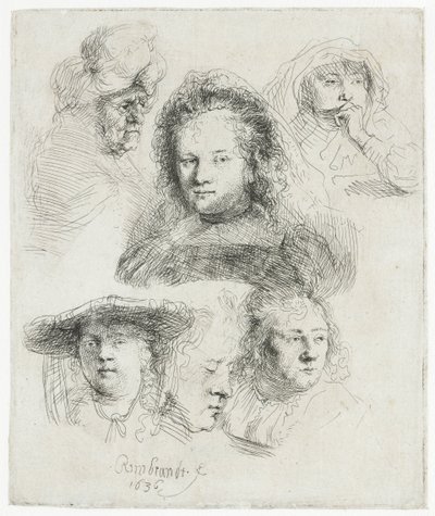 Studier av chefen för Saskia m.fl av Rembrandt van Rijn
