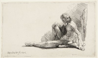 Studie efter nakenmodell (Man sittande på marken) (Bartsch 196, den andra av två versioner; H. 221; Muntz 137 II) av Rembrandt van Rijn