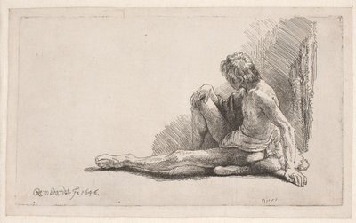 Nakenstudie: man sittande på marken med ett ben utsträckt av Rembrandt van Rijn