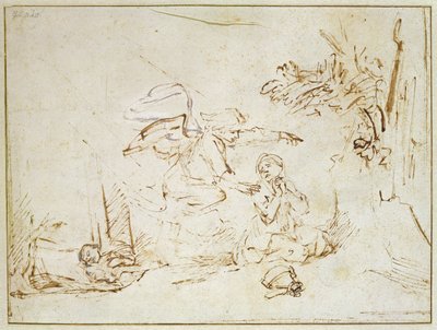 Ängeln visar sig för Hagar och Ismael i vildmarken (penna och brunt bläck med kroppsfärg på papper) av Rembrandt van Rijn