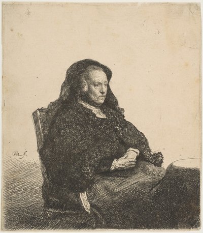 Konstnärens mamma sitter vid ett bord och ser rätt: Tre fjärdedels längd, ca. 1631. av Rembrandt van Rijn