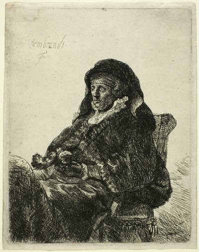 Konstnärens mor sitter vid ett bord och tittar åt höger: Tre fjärdedels längd av Rembrandt van Rijn