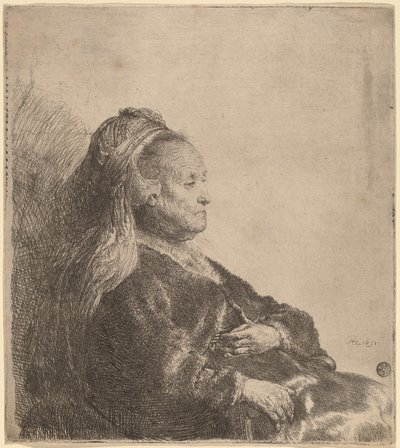 Konstnärens mor sitter, i en orientalisk huvudbonad av Rembrandt van Rijn
