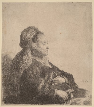 Konstnärens mor sittande, med en orientalisk huvudbonad av Rembrandt van Rijn