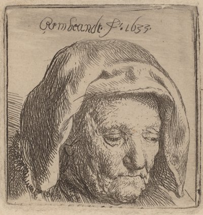 Konstnärens mor i en huvudbonad av tyg, tittar ner, 1633. av Rembrandt van Rijn