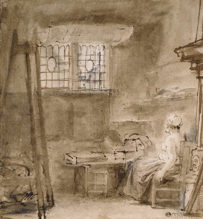 Konstnärens ateljé, 1659 (penna och två nyanser av brunt bläck, gråbrun tvätt, några korrigeringar i vitt) av Rembrandt van Rijn