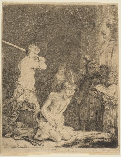 Halshuggningen av Johannes Döparen. av Rembrandt van Rijn