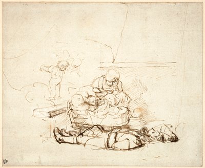 Den heliga familjen sovande med änglar, 1645 (penna och bläck med gouache på papper) av Rembrandt van Rijn