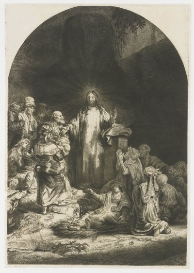 The Hundred Guilder Print: det centrala stycket med Kristus som predikar, plattan välvd av Rembrandt van Rijn