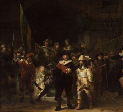 Nattvakten Officerare och andra medborgargardister från distrikt II i Amsterdam, under befäl av kapten Frans Banninck Cocq och löjtnant Willem van Ruytenburch, känd som "Nattvakten" av Rembrandt van Rijn