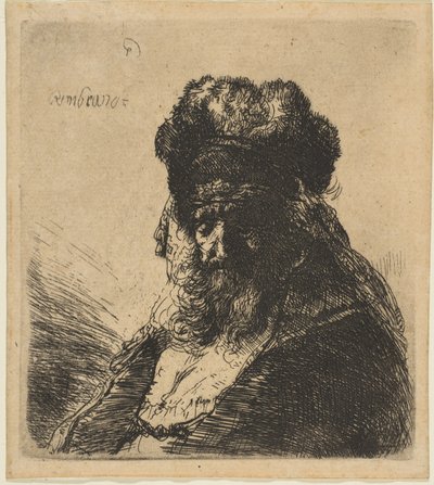 Den gamla skäggige mannen i en hög pälsmössa, med slutna ögon, ca. 1635. av Rembrandt van Rijn