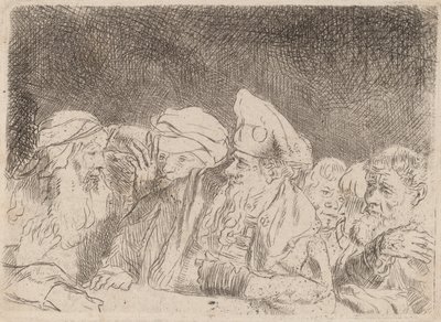 Fariséerna debatterar fragment från de hundra gulden trycket, ca. 1649. av Rembrandt van Rijn