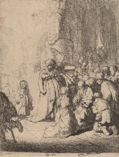 Presentationen i templet med ängeln: liten tallrik, 1630. av Rembrandt van Rijn