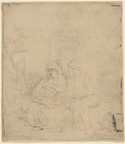 Resten på flykten till Egypten: Lätt etsad av Rembrandt van Rijn