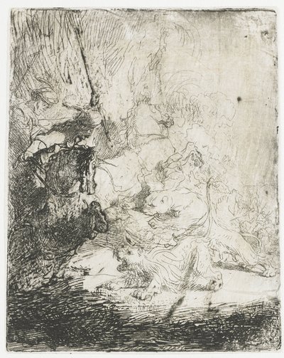 Den lilla lejonjakten, med två lejon av Rembrandt van Rijn